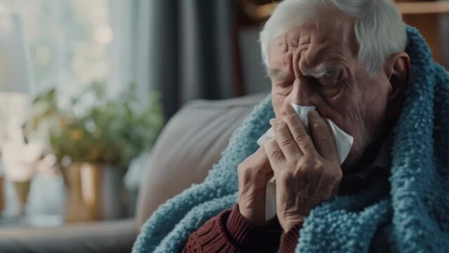 Sick person sit at home. Old man under blue blanket sneezes into handkerchief tissue. Medical health care. Guy treats cold, illness, flu concept. Patient feel bad and rest in bedroom. Disease recovery