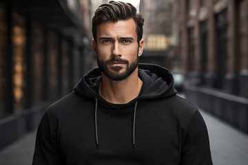 Fototapeta premium Handsome young man in black hoodie looking at camera while standing outdoors