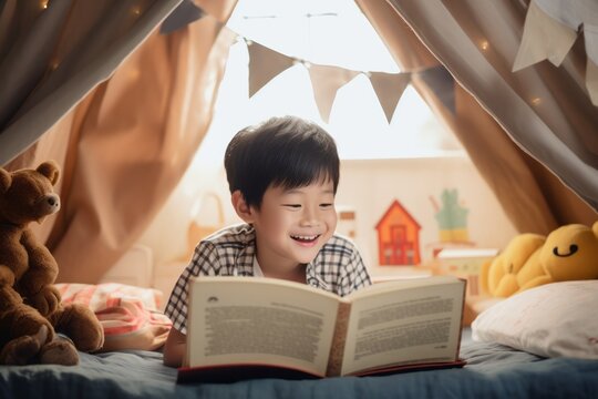 Close up little asian boy lies on the bed reading a book in the sunlight from the window. Concept of children's pastime, learning, hobby