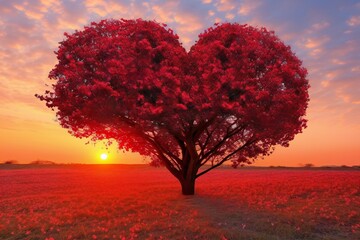 Beautiful red heart tree in the field at sunset