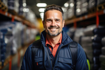 Obraz premium Portrait of a professional positive loader worker in uniform smiling, on the background is a large warehouse with shelves full of goods for delivery. Delivery, logistics concept.