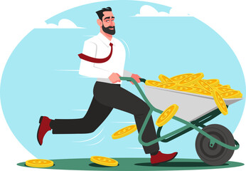 Male businessman rolling cart with gold coins, concept of successful business. Stock vector illustration