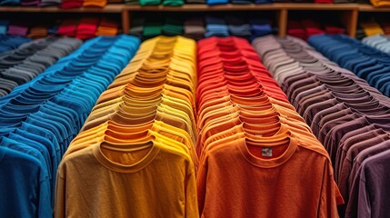 Rainbow of t-shirts on display offering a spectrum