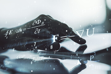 Creative scientific formula hologram and hand working with a digital tablet on background, research...