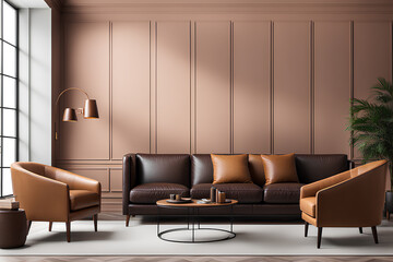 Living room wall mockup in bright tones with leather sofa and leather armchair