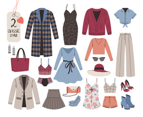 Collection of women clothing and accessories in a classic style