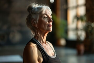 Portrait of elderly woman sits with closed eyes in the lotus position meditating in a yoga studio. Mental and spiritual health development at any age