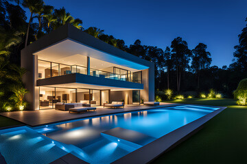 Luxury house with swimming pool illuminated at night