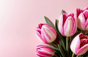 Obraz premium A bouquet of five white and pink tulips on the bottom right, a light blurred background and a place for the inscription on the left, a banner