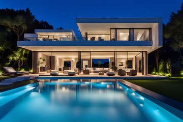 Luxury house with swimming pool illuminated at night