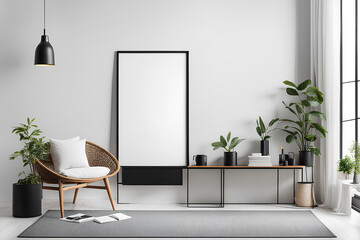 Mockup black poster frame and accessories décor in cozy white interior background 