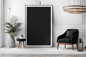 Mockup black poster frame and accessories décor in cozy white interior background 