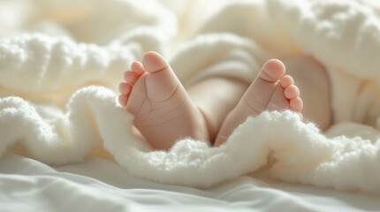 Newborn baby feet on knitted white blanket on sunny morning. - obrazy, fototapety, plakaty