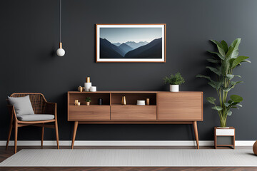 Mockup frame on cabinet in living room interior on empty dark wall background 