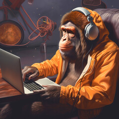 Monkey or gorilla using laptop and listening music with headphone
