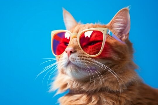 Portrait of a ginger cat with sunglasses on a blue background © Hidden