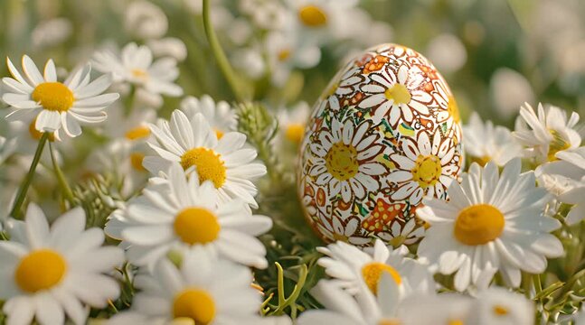 a painted egg sitting in a field of daisies