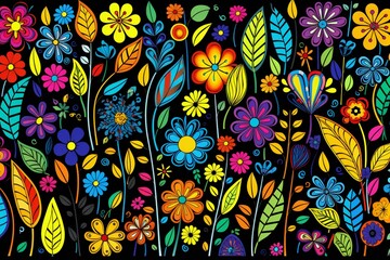 Seamless pattern with colorful flowers and leaves