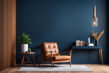 Stylish Modern wooden living room has an armchair on empty dark blue wall background 