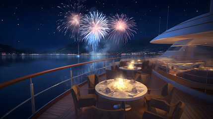 Luxurious Yacht Dinner with Fireworks Display AI-Generative