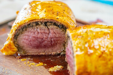 Traditional beef wellington cooked to perfection