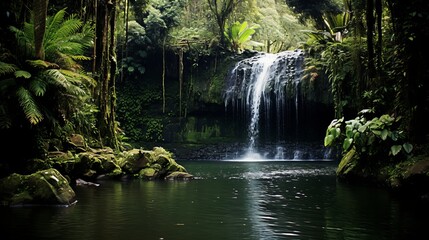 Tranquil park landscape. majestic cascading waterfall amidst a serene tapestry of lush greenery