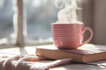 Cozy warm composition with pink cup of hot coffee or tea and a book on sunny windowsill on spring day. Spring home decor. Easter.