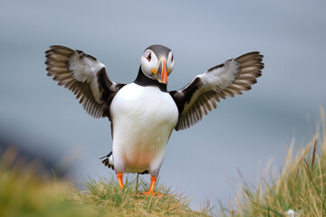 Obraz premium Atlantic Puffins bird or common Puffin in ocean blue background. Fratercula arctica.