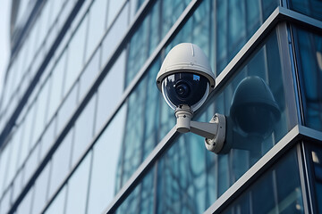 Modern public CCTV camera on wall with building background. Recording cameras for monitoring all day and night. Concept of surveillance and monitoring.