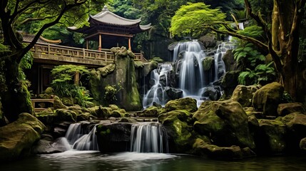 Idyllic and serene park landscape with a beautiful cascading waterfall surrounded by lush greenery