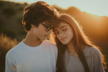 Young teen couple on their first date. Teenage boy and teenage girl celebrating Valentine's Day. Boyfriend and girlfriend spending time together outdoors. First love concept. - obrazy, fototapety, plakaty