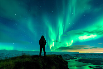Fototapeta premium Silhouette of a hiker admiring the view of aurora borealis in beautiful Icelandic nature. Sky with stars and green polar lights. Northern lights.