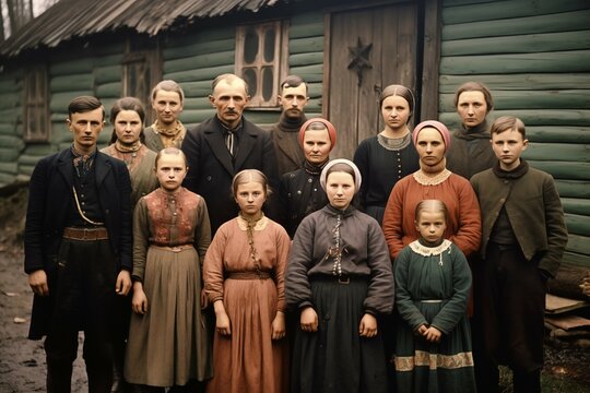 Fototapeta Vintage photo of a Family Portrait. 19th century, 18, Old Believers, Slavs, large family, traditional, village lifestyle, historical, past, culture, people, European, large families