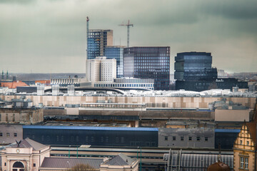 Cityscape. European city center under construction. Skyline with small skyscrapers. Poznan.