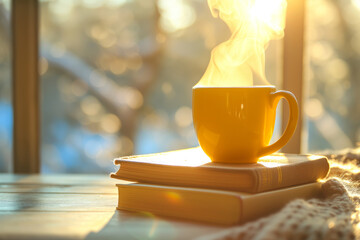 Cozy warm composition with yellow cup of hot coffee or tea and a book on sunny windowsill on spring day. Spring home decor. Easter. - Powered by Adobe