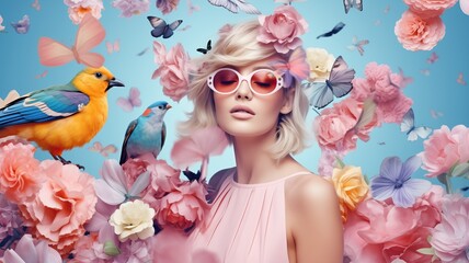 Art collage of woman with flowers, birds and butterflies in pastel color - obrazy, fototapety, plakaty