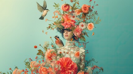Abstract contemporary art collage portrait of young woman with flowers on head
