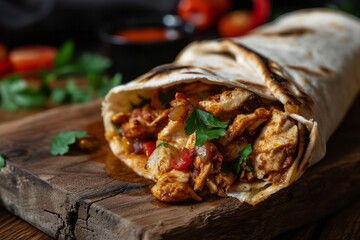 Close up shawarma on a wooden board on a dark background