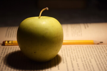 A stack of books in red covers and a red apple against the morning window. A metaphorical image of a good start to the