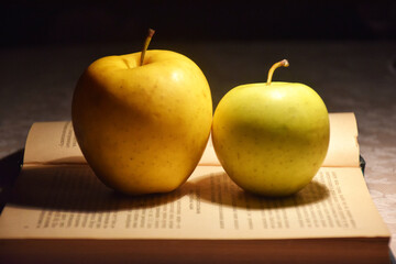 A stack of books in red covers and a red apple against the morning window. A metaphorical image of a good start to the
