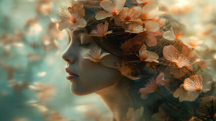 Surreal combination of a woman's profile with floral delicacy