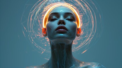 portrait of an cute and beuty woman background, with neon lines on face, professional photography studio, portrait wallpaper