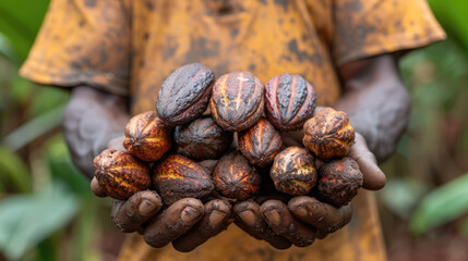 farmer hand holding raw fresh cacao pod 