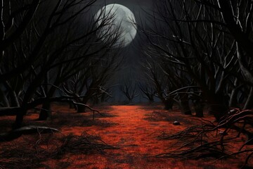 Fantasy landscape with dark forest and full moon