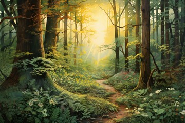 Beautiful forest in the morning with fog and sun rays - digital painting
