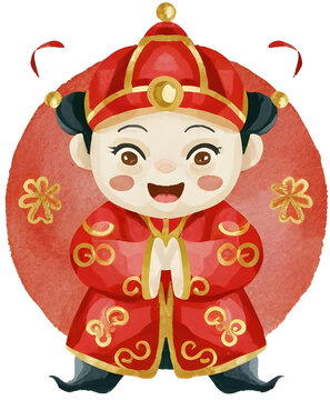 Chinese New Year Celebration with greeting boy in traditional custume Decorations and Holiday Cheer watercolor transparent background