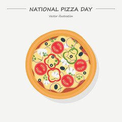 National Pizza Day vector. Whole tomato pizza top view icon. Pizza Day clip art, February 9.