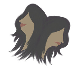 Woman with two faces, the left face is a good mood and the right face is a sad mood.