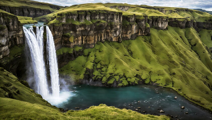 Scenic view of waterfall in iceland at sunset on a beautiful green cayon. Travel and adventure concept