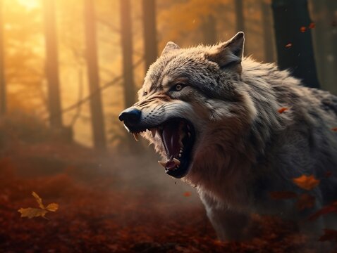 Angry wolf roaring in the forest